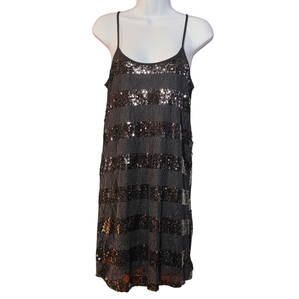 NEW Y2K Wet Seal Womens Black Sequin Lace Striped Open Back Mini Dress Large